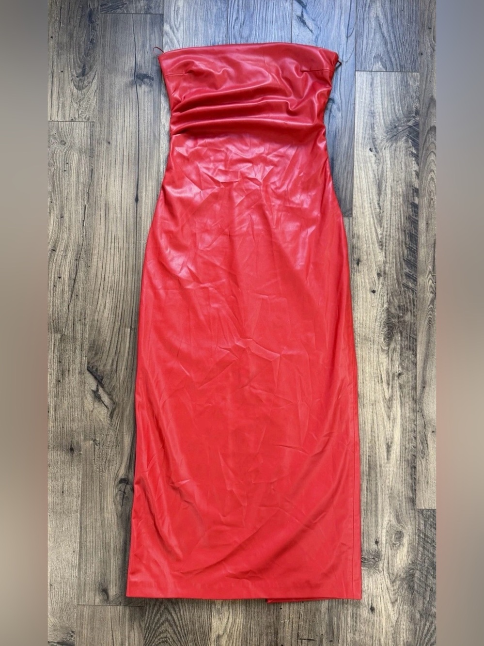 Zara Red Faux Leather Strapless Ruched Midi Dress Size XS